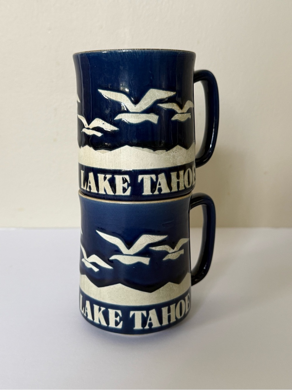Vintage Lake Tahoe Blue Ceramic Coffee Mug - Set of 2